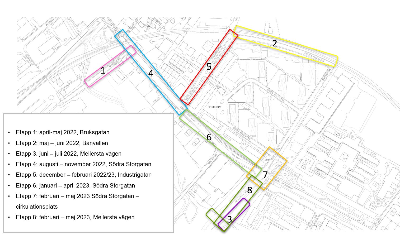 Etapper för Södra Storgatan, uppdaterad 221125